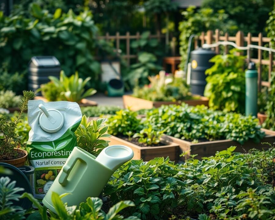 A lush, verdant garden filled with eco-friendly products. In the foreground, a selection of natural fertilizers, compost bins, and reusable watering cans. In the middle ground, raised garden beds with thriving organic vegetables and herbs. In the background, a composting station and a water harvesting system. Soft, natural lighting illuminates the scene, capturing the tranquility and sustainability of this green oasis. The overall mood is one of harmony between nature and responsible gardening practices.