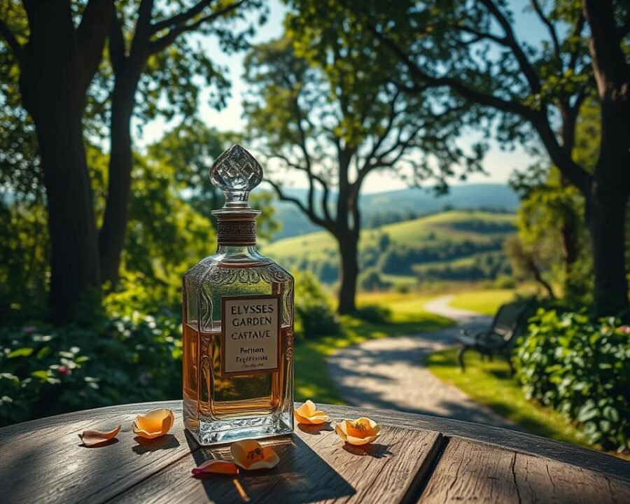 A lush, verdant garden surrounded by tall trees, with dappled sunlight filtering through the leaves. In the foreground, a ornate glass bottle of Elysee Garden Perfume sits atop a weathered wooden table, its elegant design and intricate label showcasing the luxurious fragrance within. The bottle is flanked by scattered petals and sprigs of fresh, fragrant flowers - perhaps roses, jasmine, or honeysuckle - hinting at the scent's floral notes. In the middle ground, a winding gravel path leads deeper into the garden, where a wrought-iron bench offers a tranquil spot to pause and enjoy the serene atmosphere. The background features a rolling landscape, with distant hills and a clear blue sky overhead, conveying a sense of lush, natural beauty. Soft, warm lighting bathes the entire scene, creating a captivating, dream-like ambiance.