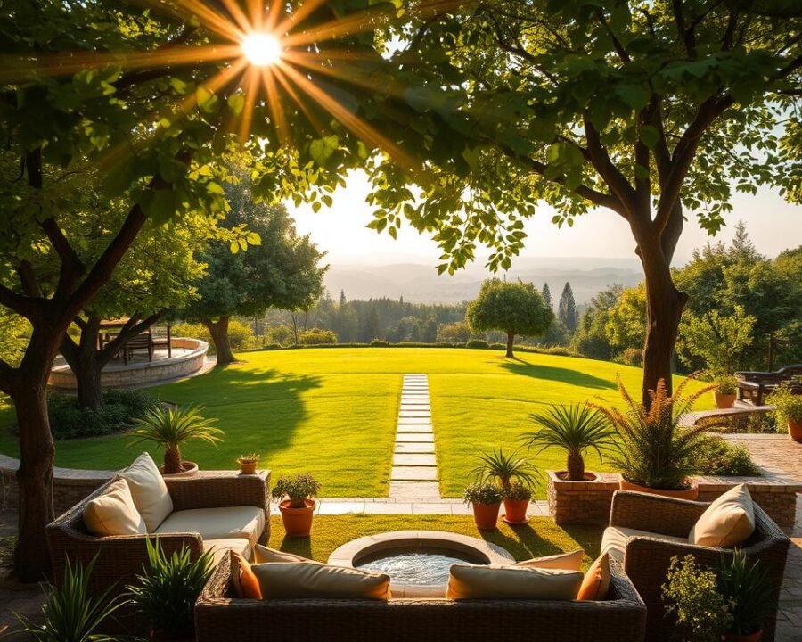 A lush, verdant outdoor living space with a cozy seating arrangement under a canopy of overhanging trees. Sunlight filters through the foliage, casting a warm, golden glow across the scene. In the foreground, a comfortable sofa and armchairs invite leisurely relaxation, surrounded by potted plants and a small, bubbling water feature. The middle ground features a well-manicured lawn leading up to a stone pathway, while the background showcases a stunning landscape of rolling hills and a distant, hazy horizon. The overall atmosphere evokes a sense of serene tranquility, inviting the viewer to immerse themselves in the beauty of the natural world.