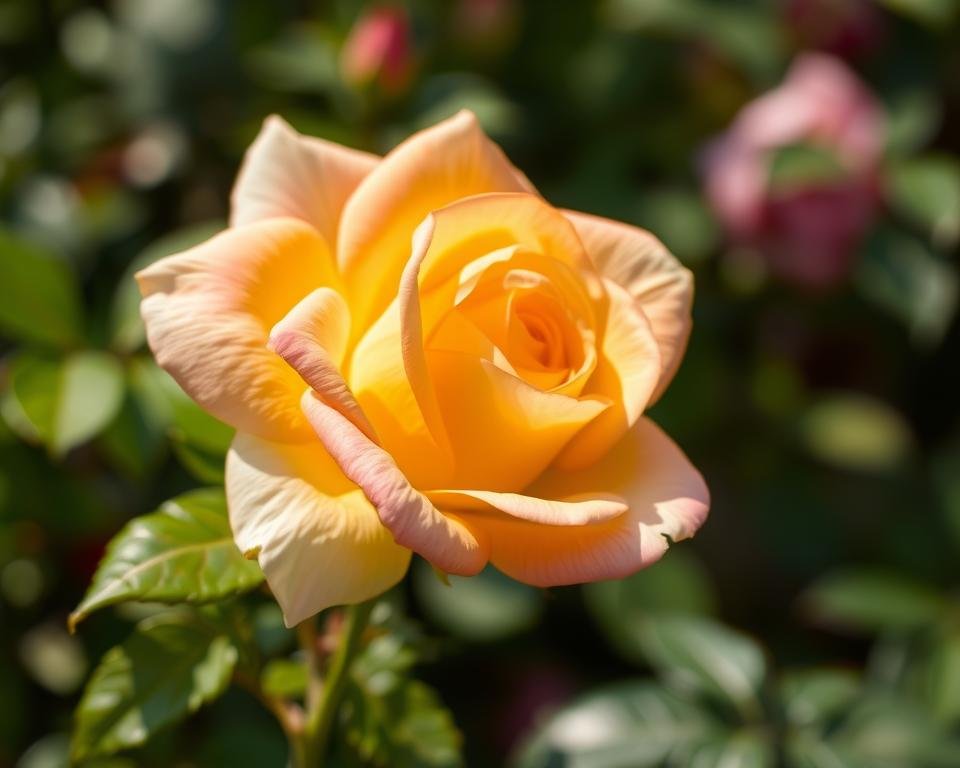 A lush, vibrant Eugenie garden rose in full bloom, its delicate petals unfurling gracefully against a soft, blurred background of verdant foliage. The rose is captured in natural, warm lighting, its colors glowing with a subtle radiance. The image conveys a sense of tranquility and beauty, inviting the viewer to contemplate the symbolic meaning of this exquisite bloom. The composition is balanced, with the rose taking center stage and the surrounding elements providing context and depth. This image aims to capture the essence of the Eugenie garden rose and its significance within the language of flowers.