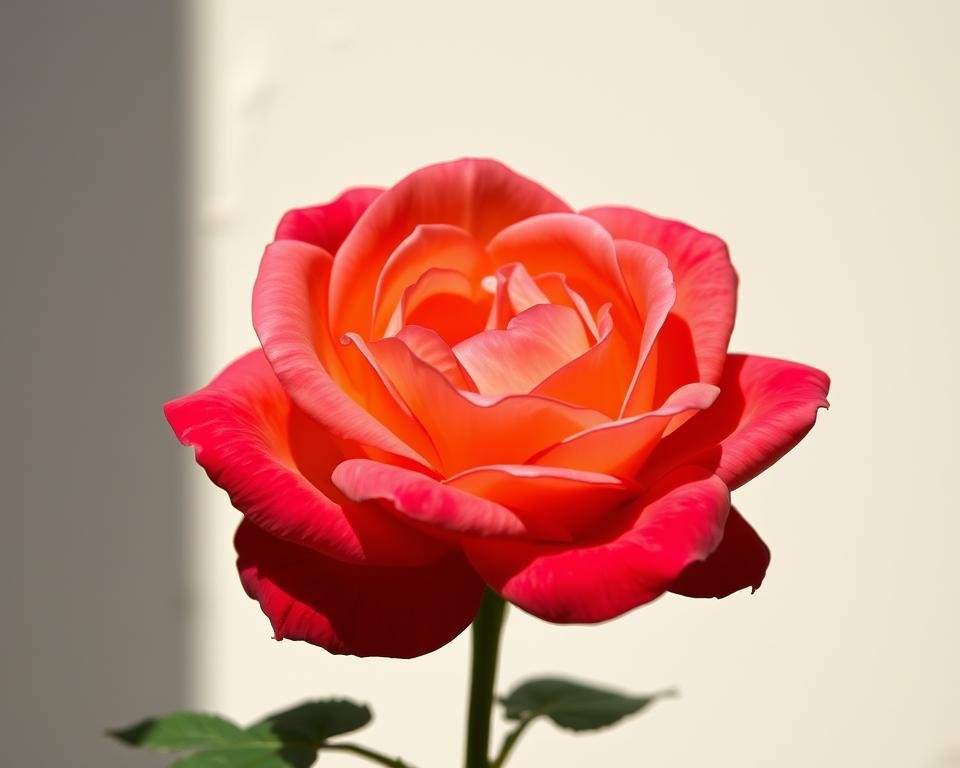 A lush, vibrant Eugenie garden rose in full bloom, its velvety petals unfurling gracefully against a soft, diffused background. The flower is captured in natural light, casting delicate shadows that accentuate its three-dimensional form. The rose is the focal point, positioned slightly off-center to create a sense of balance and visual interest. The overall composition is serene and calming, inviting the viewer to appreciate the rose's exquisite beauty and the essential watering techniques required to maintain its health and vitality.