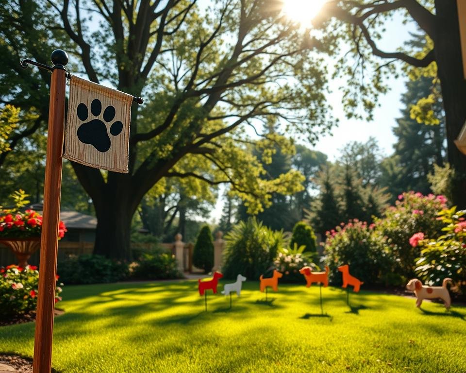 A lush, vibrant backyard adorned with whimsical outdoor dog decor. In the foreground, a weathered wooden garden flag post adorned with a playful paw-print design, casting a warm, rustic charm. In the middle ground, a cluster of colorful garden stakes featuring adorable dog silhouettes, dotting the well-manicured lawn. Towering trees in the background provide a natural canopy, casting gentle, dappled sunlight across the scene. The overall atmosphere is one of peaceful tranquility, inviting the viewer to imagine their own furry friends frolicking in this charming, dog-friendly oasis.