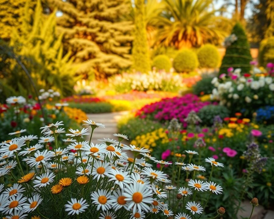 A lush, vibrant garden display with a captivating foreground of blooming daisies in shades of white, yellow, and pink. The middle ground features a delightful arrangement of colorful annuals and perennials, cascading over stone pathways and garden beds. In the background, a verdant backdrop of towering trees and shrubs creates a serene, nature-inspired setting. The scene is bathed in warm, golden sunlight, casting a soft, romantic glow and creating dramatic shadows that add depth and dimension. The overall composition evokes a sense of tranquility, beauty, and inspiration for the viewer.