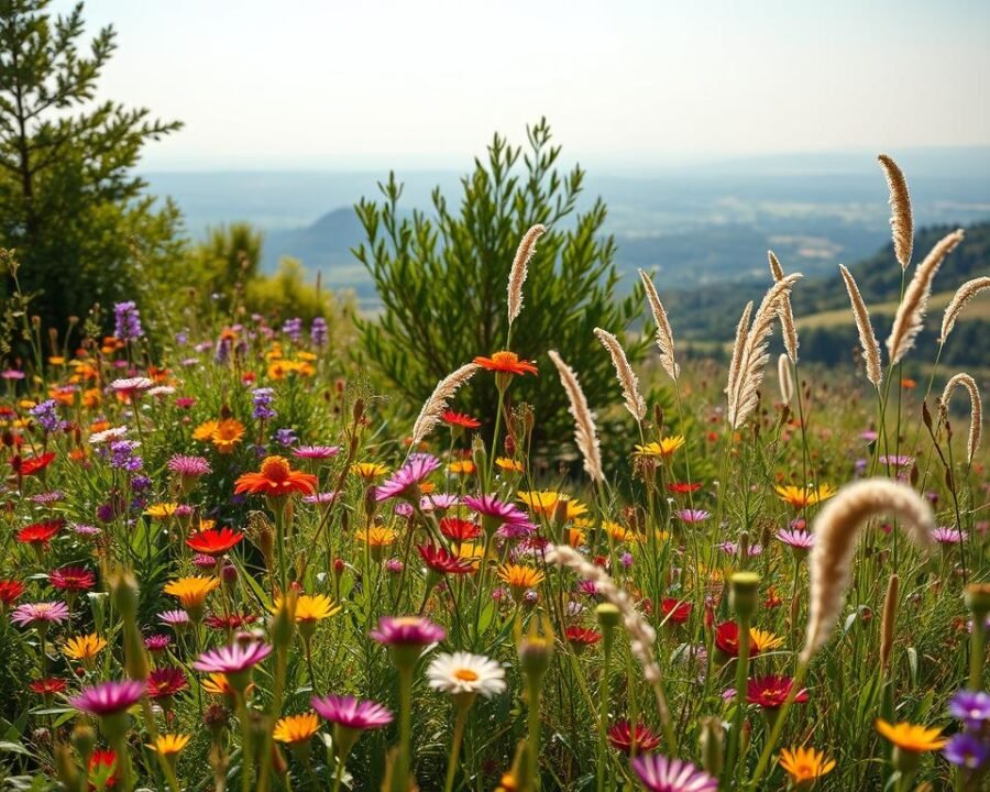 A lush, vibrant garden filled with diverse native plants thriving in natural harmony. In the foreground, an array of colorful wildflowers and grasses sway gently in the warm breeze. The middle ground features a well-established shrub or small tree, its branches reaching towards the sun. In the background, a panoramic vista of rolling hills or a serene natural landscape provides a tranquil backdrop. The lighting is soft and diffused, creating a sense of calm and serenity. The overall composition emphasizes the inherent beauty and resilience of local flora, inviting the viewer to immerse themselves in the eco-friendly charm of a sustainable, native-centric garden.