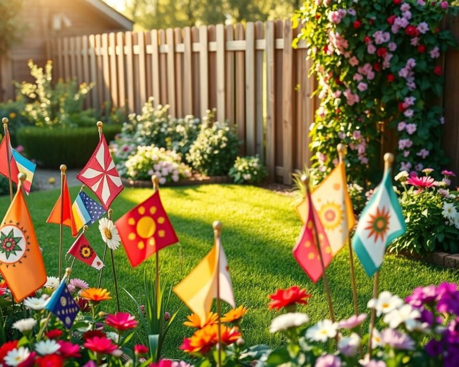 A lush, vibrant garden scene featuring a variety of charming seasonal garden flags. In the foreground, colorful flags of various shapes and designs sway gently in a soft, warm breeze. The middle ground showcases a neatly trimmed lawn dotted with blooming flowers, creating a picturesque and inviting atmosphere. In the background, a wooden fence adorned with flowering vines frames the scene, adding a touch of rustic charm. The lighting is natural and softly diffused, casting a warm, golden glow over the entire composition. The overall mood is one of whimsy, cheerfulness, and the embrace of the changing seasons.