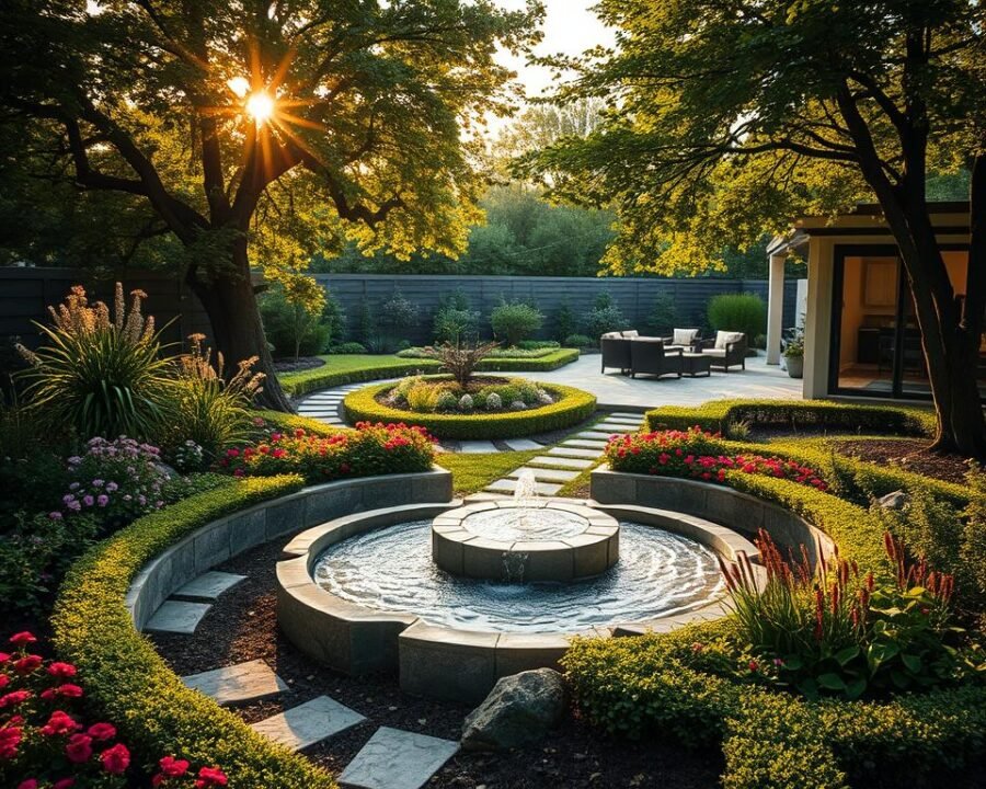 A lush, well-manicured garden oasis with a focal point of a bubbling water feature, surrounded by a mix of vibrant flowers, neatly trimmed hedges, and a stone pathway winding through the verdant landscape. Warm, golden afternoon sunlight filters through the canopy of mature trees, casting a soft, inviting glow over the scene. In the background, a modern, minimalist patio with comfortable outdoor furniture invites visitors to relax and enjoy the tranquil ambiance. The overall composition conveys a sense of harmony, showcasing expert landscaping techniques that seamlessly blend nature and design.