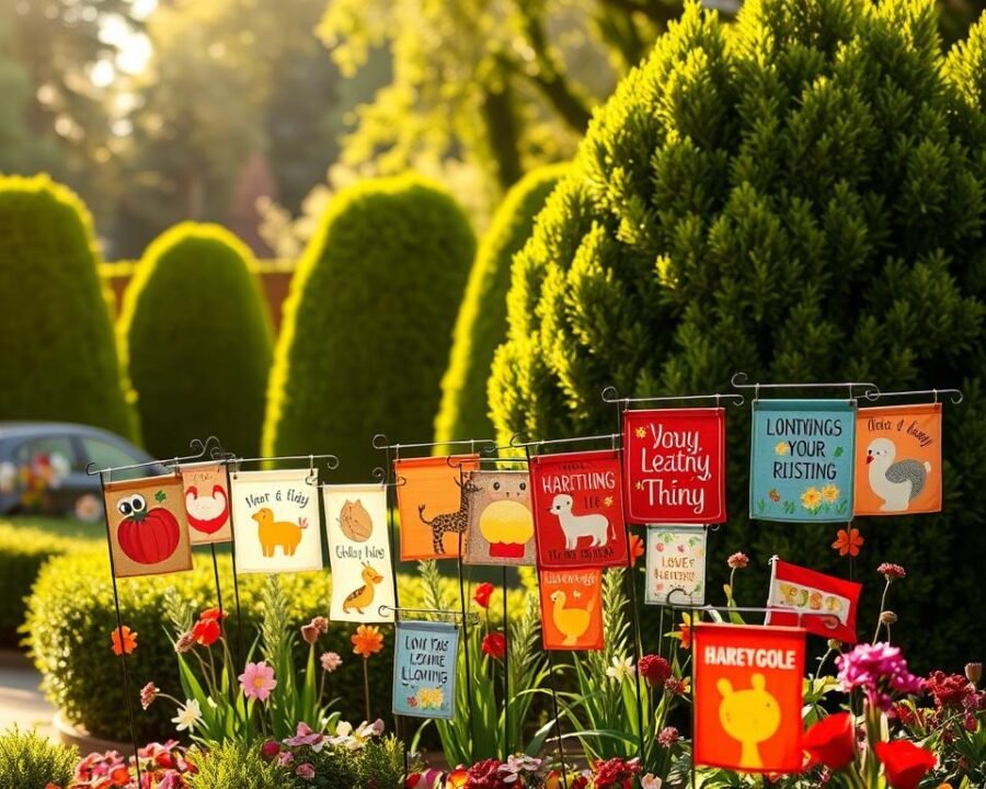 A lush, well-manicured garden serving as the backdrop for a delightful display of whimsical garden flags. In the foreground, an assortment of vibrant, weather-resistant flags featuring charming designs, such as playful animals, seasonal motifs, and inspiring messages, are arranged in a visually captivating manner. The flags are positioned at various heights and angles, creating a dynamic and eye-catching arrangement. Warm, natural lighting illuminates the scene, casting gentle shadows and highlighting the vivid colors of the flags. The overall composition conveys a sense of joy, creativity, and a welcoming atmosphere, perfectly suited for the "Cute Garden Flags: Liven Up Your Outdoor Decor" article.
