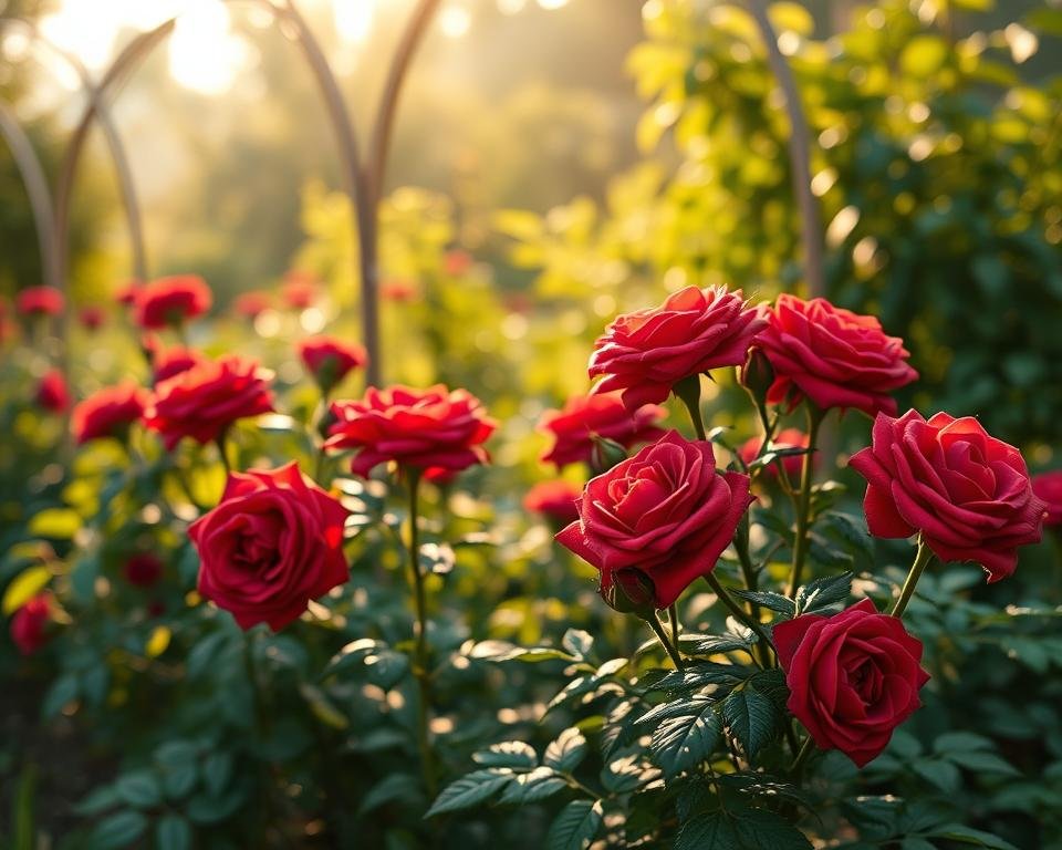 A lush, well-tended garden bed with Eugenie rose bushes in full bloom. The flowers are a rich, velvety red with layers of delicate petals. Soft, diffused sunlight filters through the surrounding foliage, casting a warm, golden glow. The roses are carefully arranged, their stems supported by subtle trellises. The scene conveys a sense of tranquility and natural beauty, inviting the viewer to imagine planting their own Eugenie rose garden in a similarly serene setting.