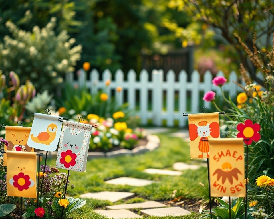 A lush, whimsical garden setting with an assortment of charming garden flags dotting the foreground. The flags feature delightful designs like playful animals, vibrant floral patterns, and cheerful seasonal motifs. Soft, diffused lighting creates a warm, inviting atmosphere, while the middle ground showcases a well-tended flower bed and a meandering stone path. In the background, a picturesque picket fence frames the scene, hinting at a cozy, domestic ambiance. The overall composition conveys a sense of joy, creativity, and the beauty of outdoor living.