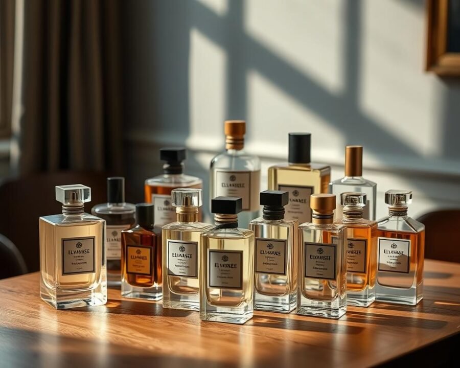 A meticulously arranged display of Elysee Garden perfume bottles, artfully positioned on a wooden table. The bottles are elegantly showcased, their intricate designs and labels visible. Soft, natural lighting illuminates the scene, casting gentle shadows and highlights on the glass containers. The overall atmosphere is one of sophistication and refinement, inviting the viewer to explore the diverse range of fragrances. The arrangement is thoughtfully curated, with the bottles strategically placed to guide the viewer's eye, creating a visually compelling and informative presentation.