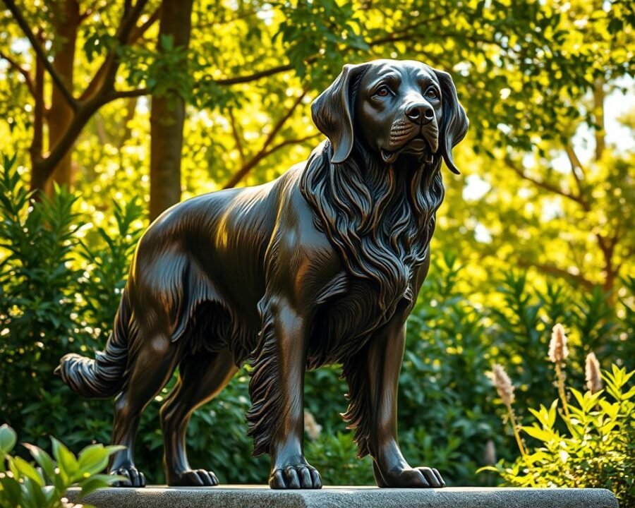 A meticulously crafted, life-size bronze statue of a beloved golden retriever, standing proudly in a lush garden. Sunlight filters through the verdant foliage, casting warm, dappled shadows across the dog's fur. The sculpture's expression is alert yet serene, capturing the loyal, gentle nature of the breed. Detailed textures on the dog's coat and paws add realism, while the polished bronze gleams, complementing the earthy tones of the surrounding plants. Strategically placed at a garden's edge, the statue serves as a welcoming focal point, inviting visitors to pause and appreciate the beauty of man's best friend in a natural setting.