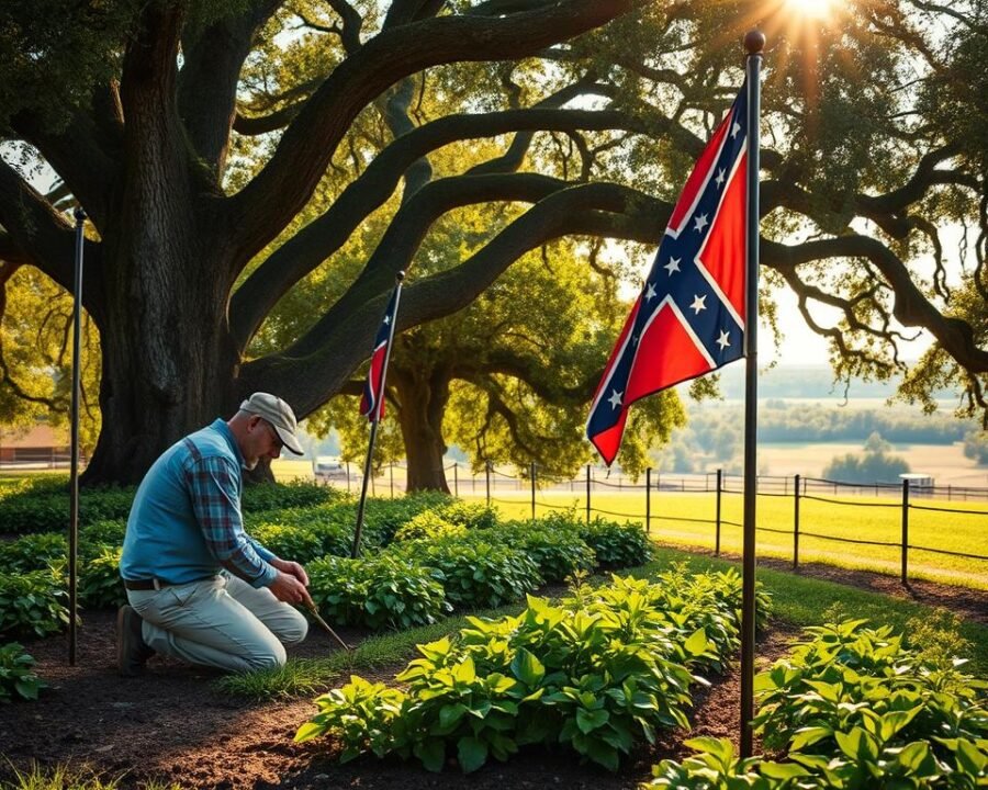 A meticulously manicured garden, the vibrant Confederate flag standing tall amidst lush greenery. A weathered yet sturdy flagpole supports the iconic banner, gently swaying in the warm, southern breeze. In the foreground, a gardener kneels, carefully tending to the soil, ensuring the flag's surroundings are pristine. Soft, diffused sunlight filters through the canopy of mature oak trees, casting a warm, nostalgic glow over the scene. The gardener's movements are purposeful, their hands deftly pruning and weeding, preserving the tranquil, patriotic display. In the distance, a picturesque rural landscape unfolds, hinting at the idyllic, timeless setting. This image captures the essence of Southern pride and the dedicated maintenance required to showcase the Confederate garden flag.
