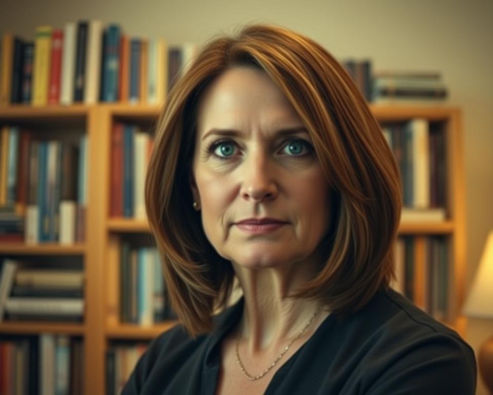 A portrait of Lori Wick, the popular Christian fiction author, set against a warm, cozy backdrop. In the foreground, a close-up of Wick's face, her expression serene and thoughtful, framed by her shoulder-length brown hair. In the middle ground, a well-stocked bookshelf, filled with her numerous published works, conveying her prolific writing career. The background features a soft, diffused lighting, creating a sense of tranquility and introspection, befitting the author's contemplative persona. The overall mood is one of quiet confidence and literary accomplishment.