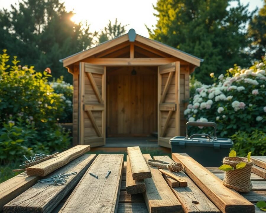 A quaint English garden shed, bathed in warm afternoon sunlight, stands among lush greenery. In the foreground, an array of construction materials - weathered wooden planks, galvanized nails, a coil of rope, and a trusty toolbox - await their transformation. The middle ground reveals the shed's sturdy frame, its rustic timber beams and corrugated metal roof hinting at the structure to come. In the background, a verdant backdrop of flowering shrubs and towering trees create a peaceful, pastoral atmosphere, evoking the quintessential charm of the English countryside. The scene exudes a sense of timeless craftsmanship and a connection to the natural world.
