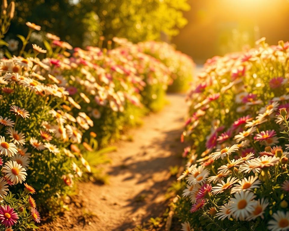 A radiant daisy flower garden adorned with vibrant blooms, bathed in warm, golden sunlight. A winding dirt path leads through the lush foliage, inviting the viewer on an enchanting journey amidst the vibrant flora. Delicate petals sway gently in a soft breeze, creating a serene and tranquil atmosphere. The scene is captured from a slightly elevated perspective, allowing for a panoramic view of the manicured garden setting. Subtle shadows and highlights accentuate the depth and dimensionality of the flowers, creating a sense of depth and realism. The overall composition conveys a soothing, harmonious, and visually captivating representation of a charming daisy flower garden.
