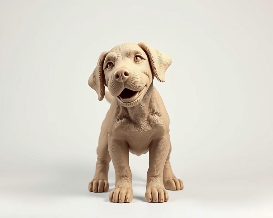 A realistic, highly detailed, close-up studio shot of a custom-made, hand-crafted dog statue in a neutral color palette. The statue is set against a plain white or light gray background, with soft, even lighting from the front creating defined shadows and highlights that accentuate the intricate sculpting and textures. The statue depicts a playful, friendly-looking breed of dog, such as a Labrador or a Golden Retriever, captured in a dynamic, lifelike pose. The craftsmanship is of the highest quality, with meticulous attention to anatomical accuracy and subtle, naturalistic details that give the statue a sense of depth and dimensionality.