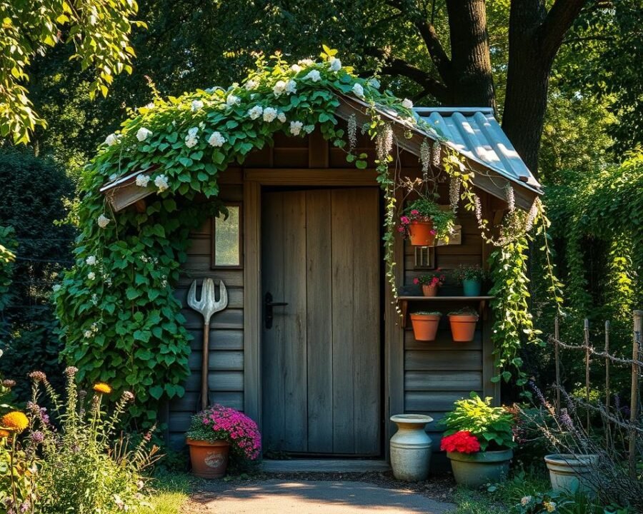 A rustic, weathered garden shed nestled in a lush, overgrown English cottage garden. The shed's wooden walls and corrugated metal roof are worn and textured, reflecting years of character. Climbing vines and trailing flowers spill over the entrance, creating a charming, organic tableau. Dappled sunlight filters through the surrounding trees, casting soft shadows and warm, golden hues across the scene. Carefully arranged gardening tools and old-fashioned flower pots add to the shed's authentic, lived-in ambiance. The overall composition evokes a sense of timeless, pastoral tranquility, perfectly capturing the essence of an authentic English garden shed.