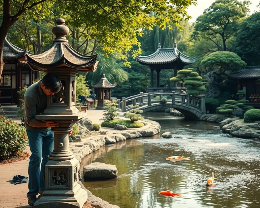 A serene Chinese garden filled with lush greenery and traditional decor. In the foreground, a gardener carefully tends to a stone lantern, meticulously brushing away dust and debris. The middle ground showcases a tranquil koi pond, its surface reflecting the gentle movements of the fish. In the background, a curved bridge arches over a babbling stream, leading the eye towards a pagoda-style gazebo nestled among carefully pruned bonsai trees. Soft, warm lighting filters through the foliage, creating a peaceful, contemplative atmosphere. The scene is captured with a wide-angle lens, emphasizing the harmony and balance of the well-maintained Chinese garden.