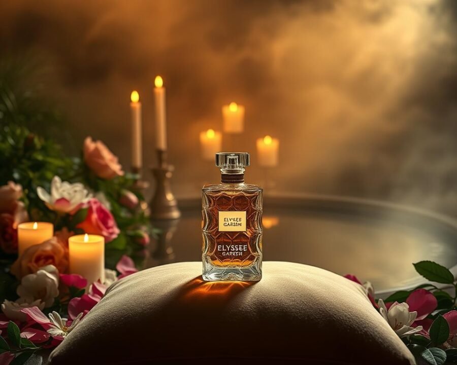 A serene, candlelit tableau showcasing the Elysee Garden perfume fragrance. In the foreground, a delicate crystal perfume bottle sits atop a plush velvet cushion, its faceted glass refracting the warm, flickering light. Surrounding it, a lush array of botanicals - rose petals, jasmine blossoms, and lush green foliage - create a sensual, aromatic display. In the middle ground, a shallow pool of water reflects the scene, adding a tranquil, mirrored effect. The background is shrouded in a soft, atmospheric mist, evoking the mysterious, alluring nature of the fragrance. Subtle lighting from above casts a golden glow, heightening the luxurious, elegant mood. Composition is balanced and symmetrical, drawing the viewer's eye to the central perfume bottle.