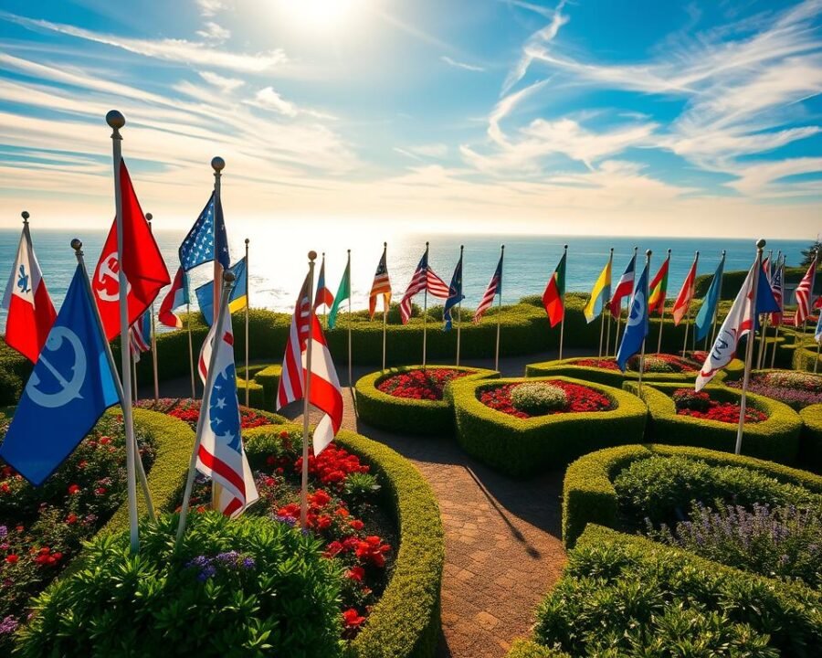 A serene coastal garden with a vibrant display of colorful garden flags. In the foreground, an assortment of flags in various nautical and beach-themed designs sway gently in a light ocean breeze. The middle ground features lush, well-manicured flower beds and sculpted hedges, creating a natural backdrop for the flags. Overhead, the sky is a brilliant blue with wispy clouds, and the sun casts a warm, golden glow across the scene. The overall atmosphere evokes a sense of tranquility and a connection to the nearby coastline, inviting the viewer to imagine themselves in this peaceful, seaside oasis. A serene coastal garden with a vibrant display of colorful garden flags. In the foreground, an assortment of flags in various nautical and beach-themed designs sway gently in a light ocean breeze. The middle ground features lush, well-manicured flower beds and sculpted hedges, creating a natural backdrop for the flags. Overhead, the sky is a brilliant blue with wispy clouds, and the sun casts a warm, golden glow across the scene. The overall atmosphere evokes a sense of tranquility and a connection to the nearby coastline, inviting the viewer to imagine themselves in this peaceful, seaside oasis.