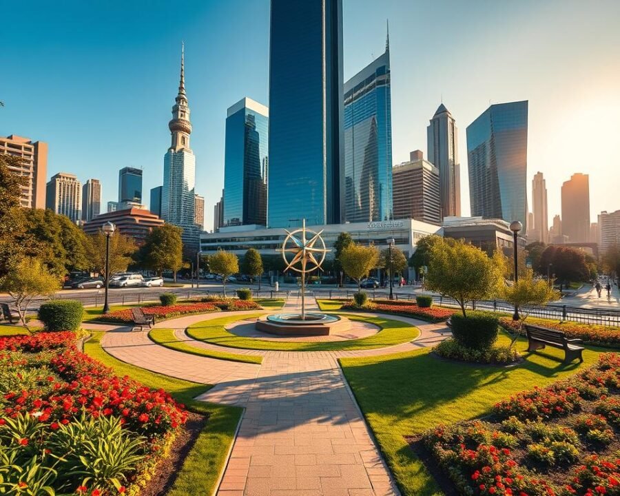 A serene compass rose garden in the bustling city of Garden City, illuminated by warm afternoon sunlight. In the foreground, a path winds through lush greenery and vibrant flowers, leading to a striking compass rose sculpture at the center. The midground showcases an array of benches and shaded seating areas, inviting visitors to rest and admire the tranquil scene. In the background, towering skyscrapers and bustling streets create a captivating contrast, highlighting the garden's role as an oasis of calm within the urban landscape. Crisp, high-resolution photography, using a wide-angle lens to capture the full grandeur of the space.