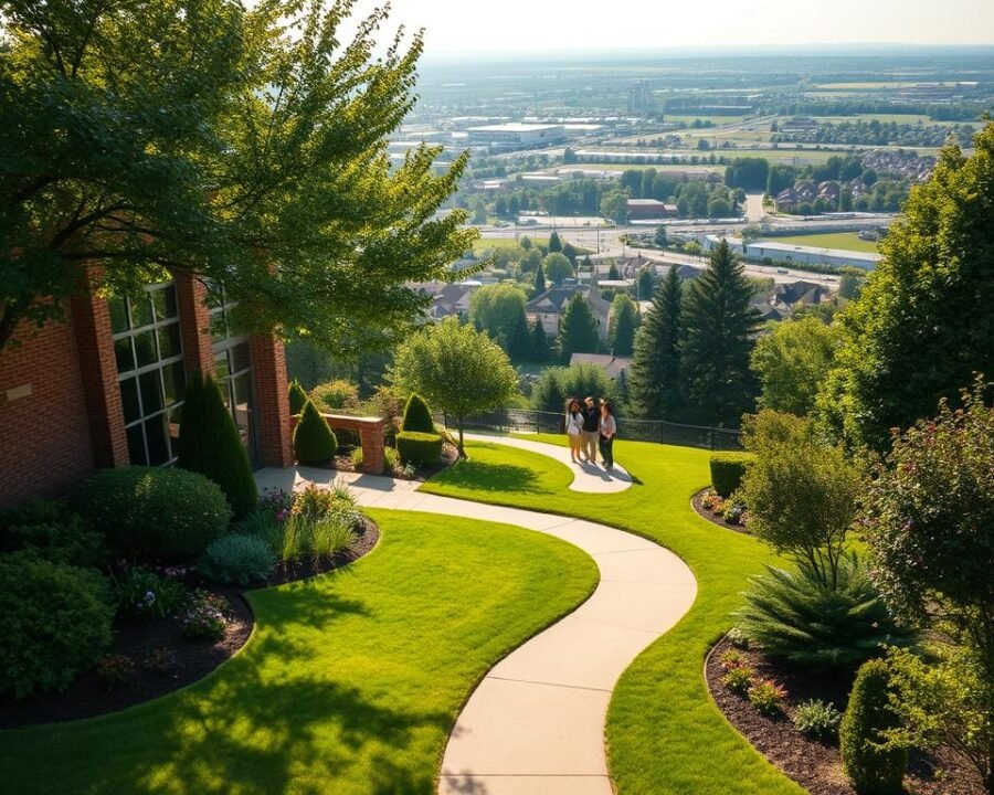 A serene garden landscape in Garden City, KS with a prominent chiropractor's office in the foreground. The building has a classic brick facade and large windows, conveying a sense of professionalism and expertise. Lush greenery surrounds the office, with well-manicured flower beds and a winding path leading to the entrance. Diffused sunlight filters through the trees, creating a warm, welcoming atmosphere. In the middle ground, a few people are walking along the path, highlighting the accessibility and community-focused nature of the practice. The background features the sprawling expanse of the city, with residential homes and businesses in the distance, reinforcing the local, neighborhood-based setting. The overall scene projects an image of a trusted, established chiropractor firmly rooted in the Garden City community.