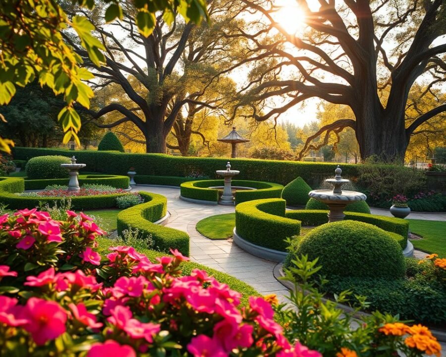 A serene garden oasis in Concord, with lush foliage and vibrant blooms in the foreground. Winding paths lead visitors through a tranquil landscape, inviting exploration. The mid-ground features neatly trimmed hedges and ornate stone fountains, while the background showcases towering oak trees casting gentle shadows. Warm, golden sunlight filters through the leaves, creating a soft, inviting atmosphere. The scene is captured through a wide-angle lens, offering a comprehensive view of the enchanting garden tour setting.