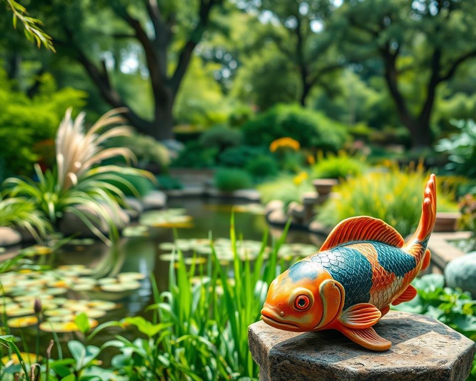 A serene koi fish garden ornament set amidst a lush, natural landscape. In the foreground, a detailed ceramic koi sculpture with vibrant hues and intricate textures, placed atop a weathered stone pedestal. The middle ground features a tranquil pond surrounded by verdant foliage, including delicate aquatic plants and gently swaying reeds. In the background, a verdant garden oasis with towering trees, creating a sense of depth and an inviting, peaceful atmosphere. The scene is illuminated by soft, natural lighting, casting subtle shadows and highlights that accentuate the ornament's sculptural form. The overall composition evokes a harmonious, contemplative mood, perfectly suited to enhance an outdoor living space.