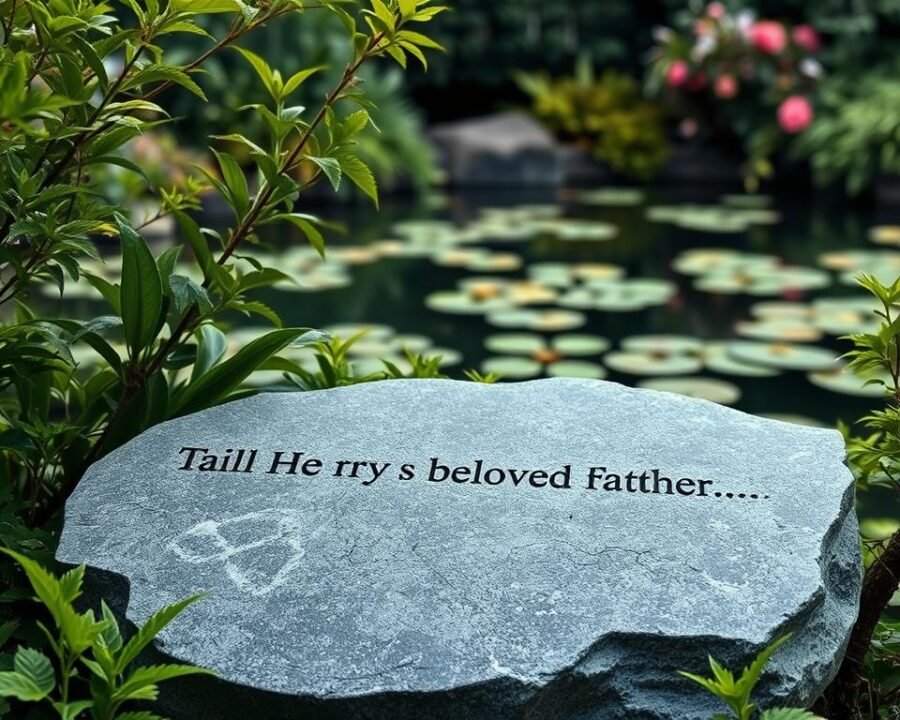 A serene memorial garden stone stands amidst lush, verdant foliage. The smooth, weathered gray granite surface bears an inscription honoring a beloved father, the text gently illuminated by the soft, diffused lighting of the scene. In the background, a tranquil pond reflects the surrounding flora, creating a peaceful, contemplative atmosphere. The overall composition evokes a sense of reverence and remembrance, inviting visitors to pause and reflect on the life celebrated within.