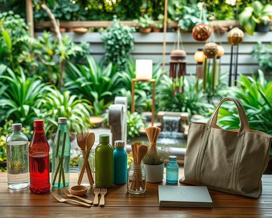 A serene outdoor scene showcasing an array of eco-friendly products. In the foreground, an assortment of reusable water bottles, bamboo utensils, and organic cotton tote bags are artfully arranged on a natural wood table. The middle ground features a display of solar-powered lanterns and wind chimes crafted from recycled materials. In the background, a lush, verdant garden with thriving plants and a small water feature creates a calming, natural ambiance. The lighting is soft and diffused, lending a warm, inviting glow to the scene. Captured with a wide-angle lens to emphasize the harmonious integration of the sustainable products within the eco-friendly setting.