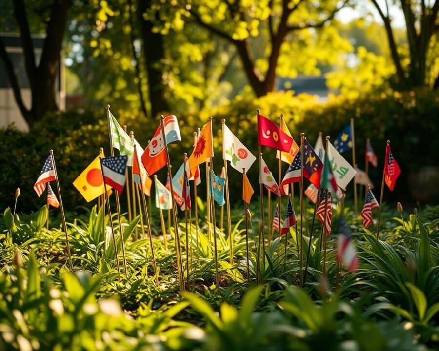 A small garden surrounded by lush greenery, with a vibrant array of miniature garden flags swaying gently in a soft breeze. The flags feature whimsical designs, from playful animals to cheerful floral patterns, adding pops of color and character to the serene outdoor scene. Warm, natural lighting filters through the trees, casting a golden glow over the flags and creating intriguing shadows that add depth and texture to the composition. The camera is positioned at a slight low angle, emphasizing the delightful scale of the flags and inviting the viewer to imagine strolling through this charming, welcoming garden space.