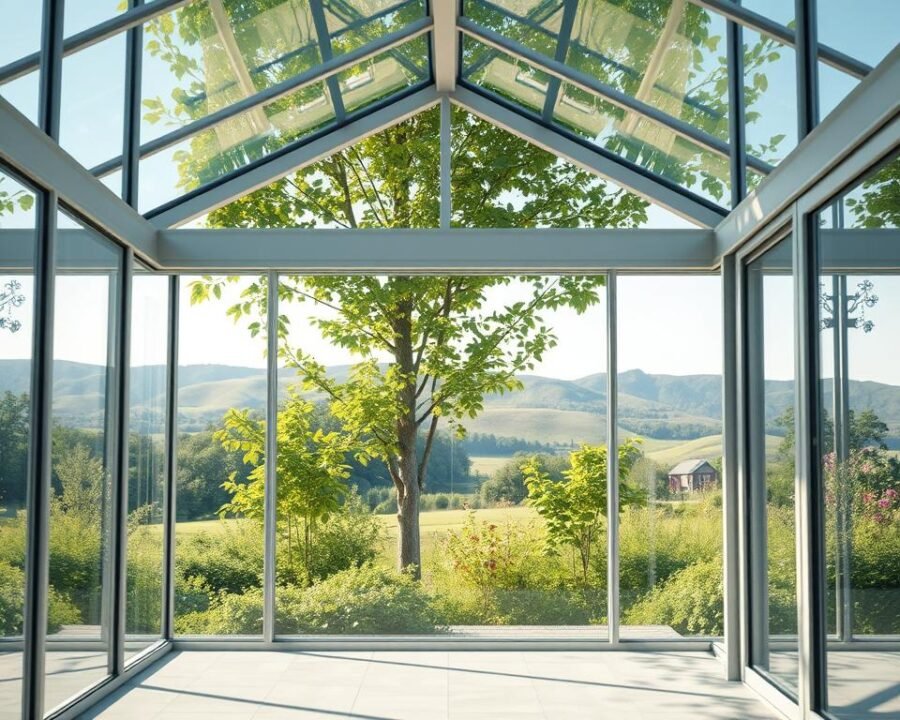 A spacious and well-lit garden glass room kit, with an airy, modern design. In the foreground, the glass panels and aluminum frame create a seamless connection between the indoor and outdoor spaces. In the middle ground, lush greenery from the surrounding garden is visible through the glass, casting a soft, natural light throughout the room. The background features a serene landscape, with rolling hills and a clear sky. The lighting is bright and diffused, creating a warm and inviting atmosphere. The camera angle is angled slightly upwards, emphasizing the height and openness of the space. The overall composition highlights the harmonious integration of the garden and the glass room.