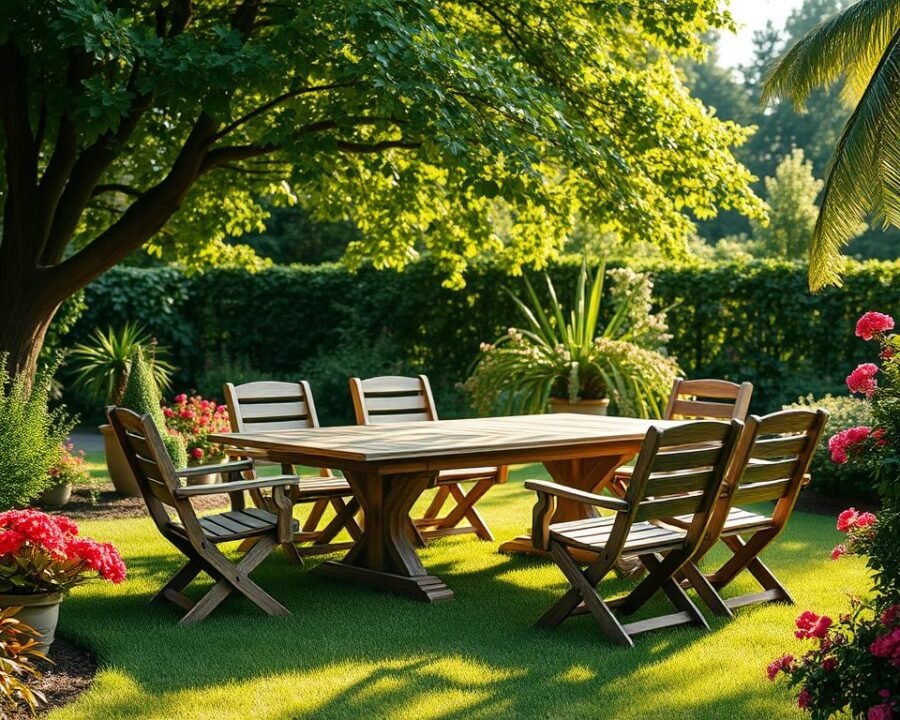 A spacious outdoor patio set, discounted and displayed prominently in a sun-dappled garden. The wooden table and chairs, weathered but well-maintained, stand atop a lush green lawn. Ornamental plants and blooming flowers frame the scene, creating a serene and inviting atmosphere. Soft natural lighting filters through the leafy trees, casting gentle shadows and highlighting the grain of the furniture. The entire composition conveys a sense of relaxation and the opportunity to upgrade one's outdoor living space at an affordable price.
