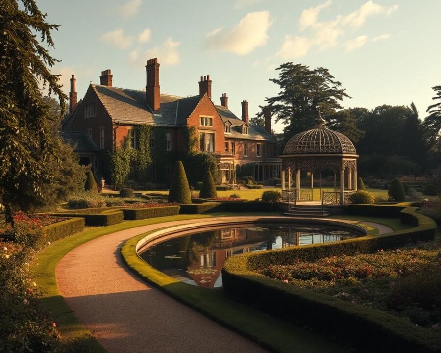 A sprawling English manor house nestled amidst a serene English garden, its weathered brick facade and ivy-covered walls bathed in the soft, golden glow of a late 19th century afternoon. In the foreground, a winding path leads through a lush tapestry of meticulously manicured hedges, flowering shrubs, and towering oak trees. In the middle ground, a serene reflecting pool mirrors the tranquil scene, its glassy surface broken only by the gentle drift of water lilies. In the background, a wrought-iron gazebo stands as a graceful focal point, its intricate latticework casting delicate shadows across the verdant landscape. The overall atmosphere evokes a sense of timeless elegance and the romantic sensibilities of historical fiction.