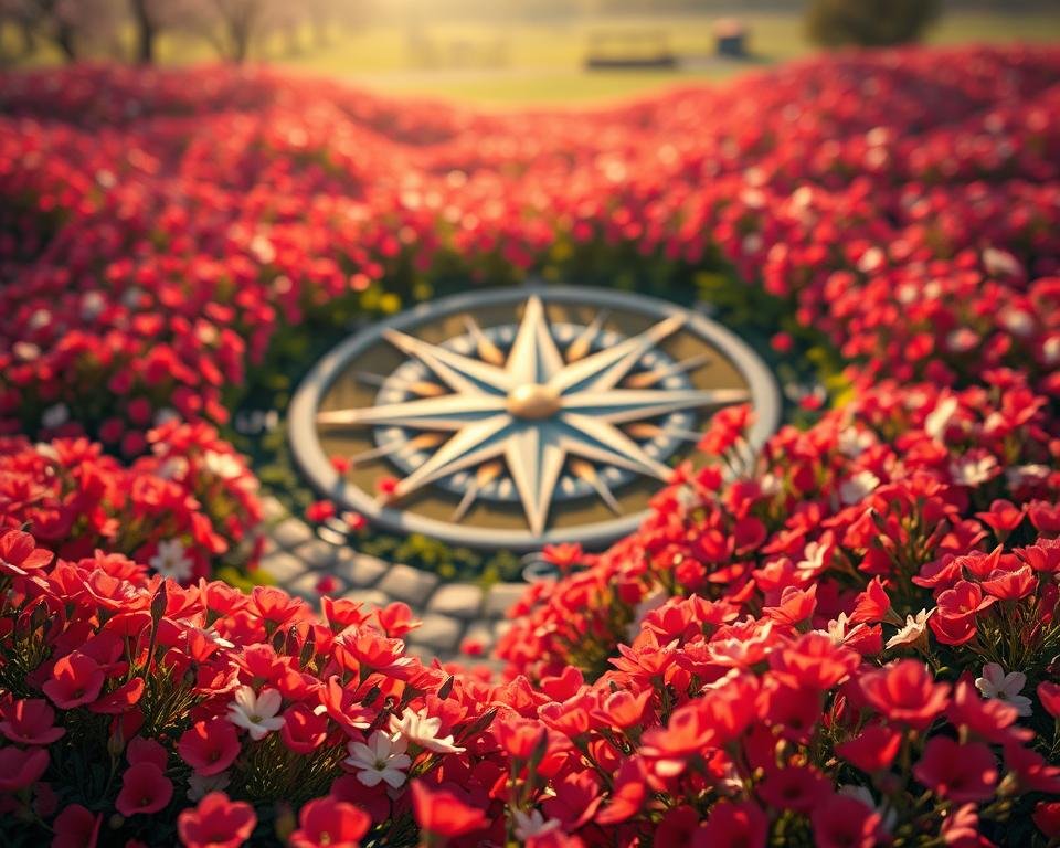 A sprawling compass rose garden in full spring bloom, with vibrant petals in shades of red, pink, and white cascading against a soft, dreamy backdrop. The foreground is a lush tapestry of flowers, their delicate petals gently swaying in a warm, golden light. In the middle ground, the intricate compass rose design takes center stage, its intricate lines and curves creating a captivating focal point. The background is a hazy, out-of-focus scene, hinting at the verdant foliage and serene atmosphere of the garden. The overall effect is a harmonious, enchanting display that evokes the beauty and tranquility of the spring season.