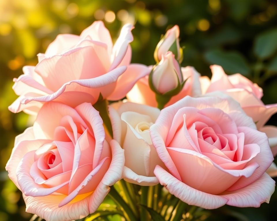 A stunning bouquet of Eugenie garden roses, their lush, velvety petals capturing the warm, golden light of a sun-dappled garden. The roses, in shades of soft pink and creamy white, are highlighted against a blurred, verdant backdrop, creating a sense of depth and tranquility. The composition is carefully balanced, with the roses elegantly arranged, their delicate stems and leaves adding to the overall graceful and elegant feel. The lighting is soft and diffused, casting gentle shadows and highlighting the roses' intricate textures and natural beauty. The entire scene radiates a sense of timeless, romantic charm, perfectly capturing the essence of the captivating Eugenie garden rose.