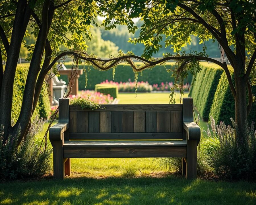 A sturdy, chunky garden bench nestled amidst a lush, verdant landscape. The bench, crafted from weathered, rustic wood, boasts a substantial frame and broad, inviting seats. Delicate vines and trailing greenery cascade over the backrest, creating a cozy, natural ambiance. Soft, diffused sunlight filters through the canopy of trees, casting a warm, golden glow over the scene. The bench is positioned in the middle ground, drawing the eye towards its simple, yet striking design. In the background, a serene garden unfolds, with vibrant flowers and neatly manicured hedges, creating a picturesque setting for this inviting outdoor retreat.