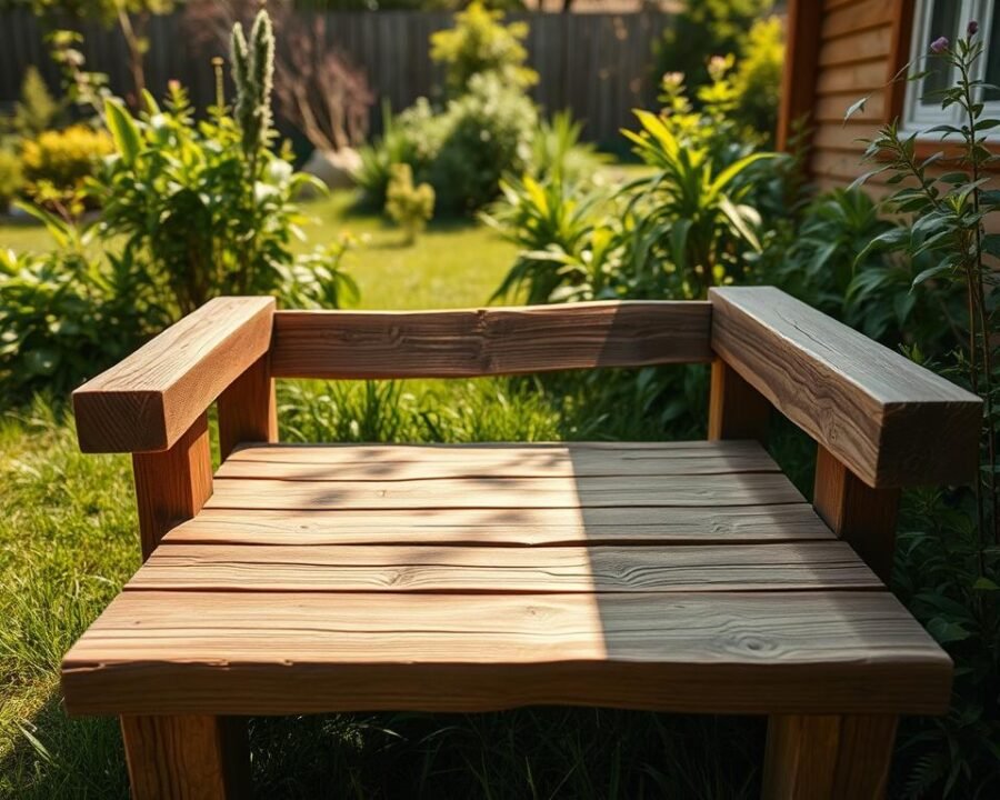 A sturdy, rustic outdoor wooden bench nestled in a lush, verdant backyard. The chunky, weathered planks of the bench are illuminated by warm, natural sunlight, casting gentle shadows across the surface. The bench is positioned on a bed of soft, well-tended grass, surrounded by a variety of flourishing plants and shrubs, creating a cozy, secluded atmosphere. The scene conveys a sense of tranquility and invites the viewer to sit and enjoy the peaceful outdoor retreat. The camera angle is positioned slightly above the bench, capturing its robust construction and the inviting, comfortable seating area.