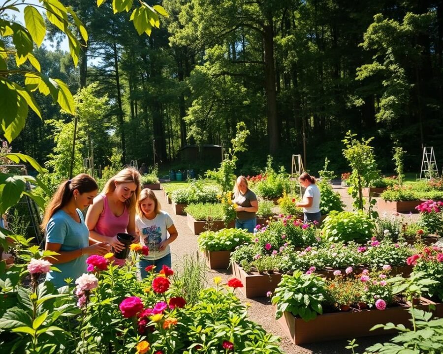 A sun-dappled Compass Rose Garden, filled with lush foliage and vibrant blooms. In the foreground, a group of people engaged in a hands-on gardening workshop, their faces alight with enthusiasm as they tend to potted plants. In the middle ground, a series of raised garden beds, each bursting with a colorful array of flowers and herbs. The background features a wooded area, the dappled light filtering through the canopy, creating a serene and tranquil atmosphere. The scene is captured with a wide-angle lens, emphasizing the expansive, verdant setting and the sense of community and learning taking place within it.