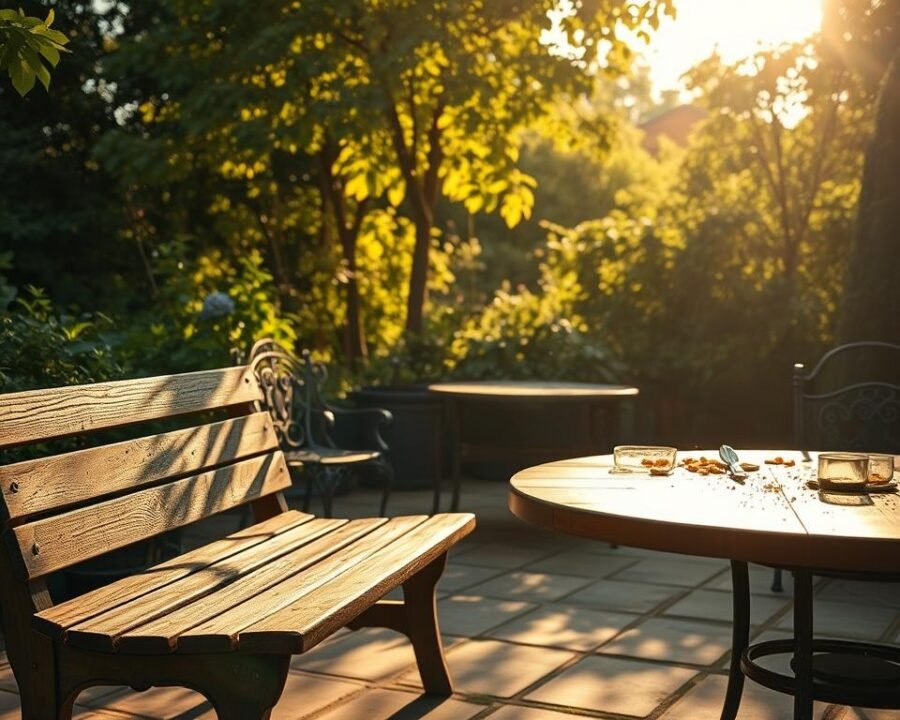 A sun-dappled garden patio, featuring a selection of ex-display garden furniture. In the foreground, a weathered wooden bench, its distressed surface hinting at a history of outdoor adventures. Nearby, a pair of ornate metal chairs, their intricate designs softened by a patina of age. In the middle ground, a rustic wooden table, its surface adorned with the remnants of a recent outdoor gathering. The background is filled with lush greenery, casting gentle shadows and creating a tranquil, inviting atmosphere. Warm, golden light filters through the trees, lending a sense of nostalgia and timelessness to the scene. The overall impression is one of a well-loved, lived-in outdoor space, where the ex-display furniture has found a harmonious new home.