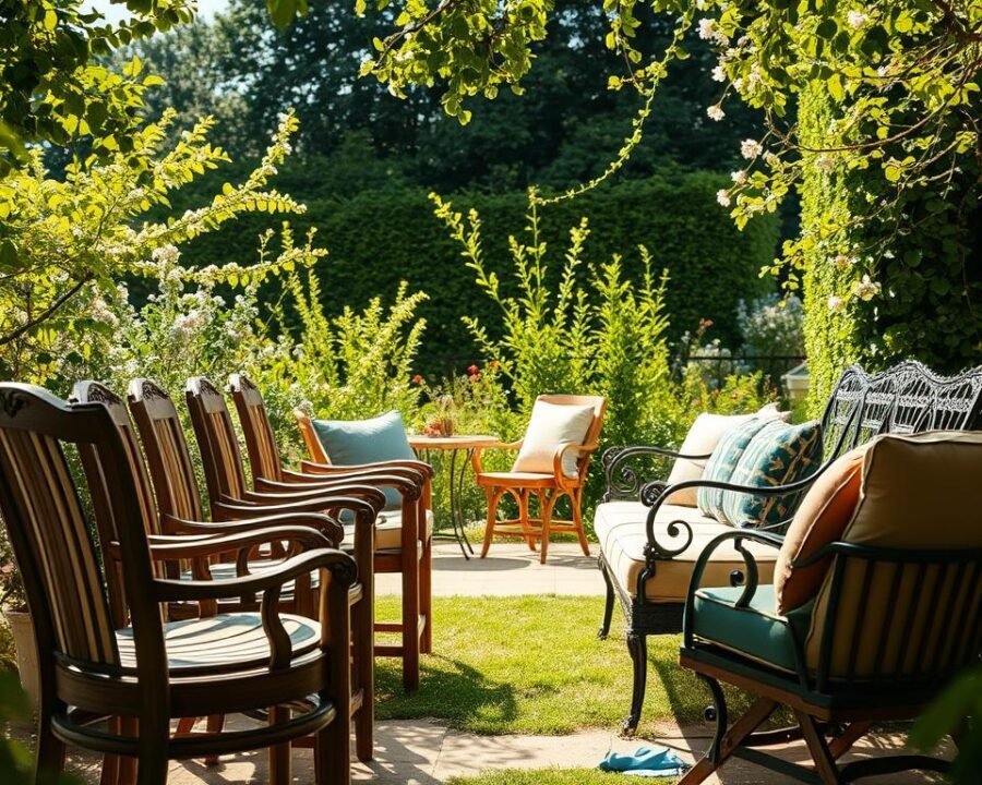 A sun-dappled garden scene, the warm tones of weathered wood and faded cushions creating a cozy, lived-in atmosphere. In the foreground, a group of ex-display garden chairs and benches are being meticulously cleaned, their surfaces gently scrubbed with a soft-bristled brush. The middle ground showcases a selection of refurbished pieces, their vibrant new fabrics and oiled frames gleaming in the dappled light. In the background, a lush, verdant garden provides a verdant backdrop, with delicate flowers and trailing vines framing the scene. Soft, diffused lighting casts a gentle glow, evoking a sense of tranquility and care. The overall composition conveys the warmth and charm of restored ex-display garden furniture, ready to be enjoyed once more.