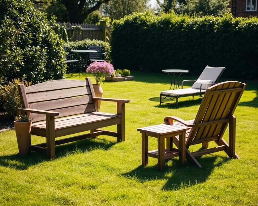 A sun-dappled garden scene with well-worn, discounted ex-display outdoor furniture. In the foreground, a sturdy wooden bench with a distressed finish sits upon a lush, verdant lawn. A matching side table stands nearby, its surface adorned with a potted plant. In the middle ground, a pair of weathered lounge chairs invite relaxation, their cushions softened by use. Beyond, a wrought-iron bistro set casts gentle shadows, hinting at the character of this previously showcased collection. The overall atmosphere conveys a sense of rustic charm, reflecting the unique appeal of ex-display garden furniture that has been lovingly used.