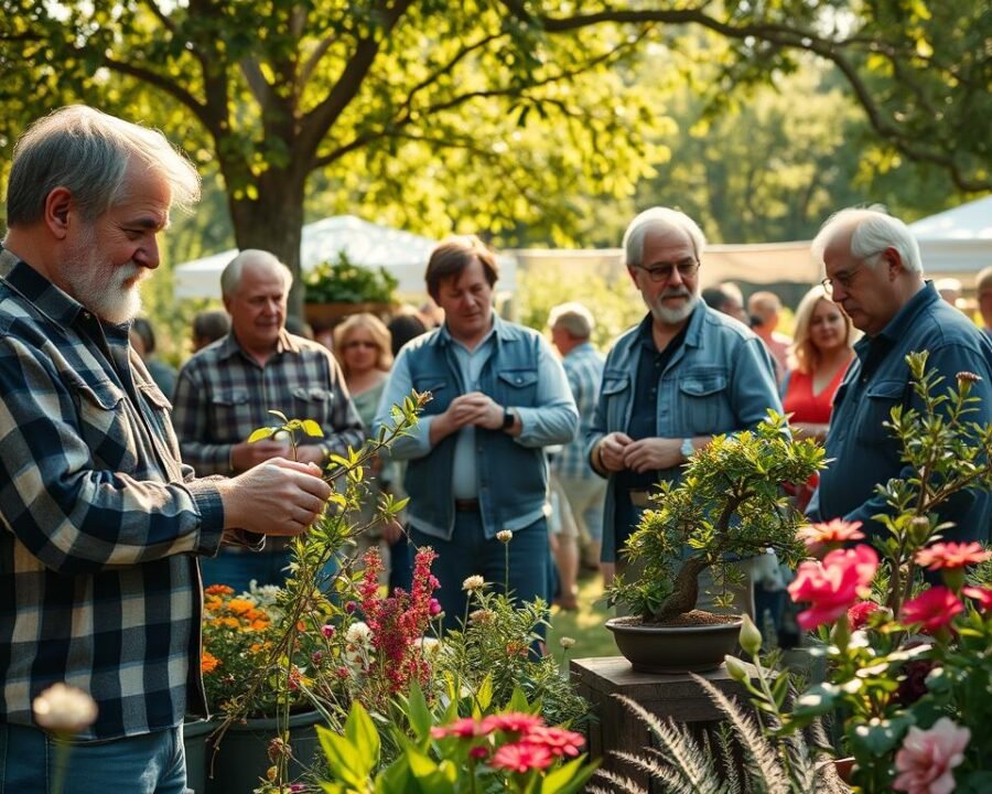 A sun-dappled garden show in Fargo, North Dakota. Experts in flannel and denim stand amidst vibrant flowers and lush greenery, their weathered faces exuding an air of earthy wisdom. In the foreground, a master gardener demonstrates pruning techniques to a rapt audience. In the middle ground, a plant enthusiast examines a rare bonsai, while behind them, a landscape architect discusses the merits of native flora. Soft, warm lighting filters through the canopy of trees, lending an inviting, communal atmosphere to the scene. The overall impression is one of community, knowledge-sharing, and a deep connection to the natural world.