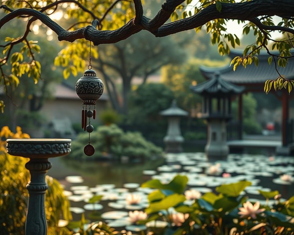 A tranquil Chinese garden scene, bathed in soft, warm lighting. In the foreground, an ornate stone birdbath and a delicate ceramic wind chime hang from a gnarled branch. In the middle ground, a stone lantern and an intricately carved wooden pagoda stand amidst lush greenery. The background features a serene pond with floating lotus blossoms and a traditional arched bridge. The overall atmosphere is one of peaceful harmony, inviting the viewer to imagine the gentle sounds of trickling water and rustling leaves.