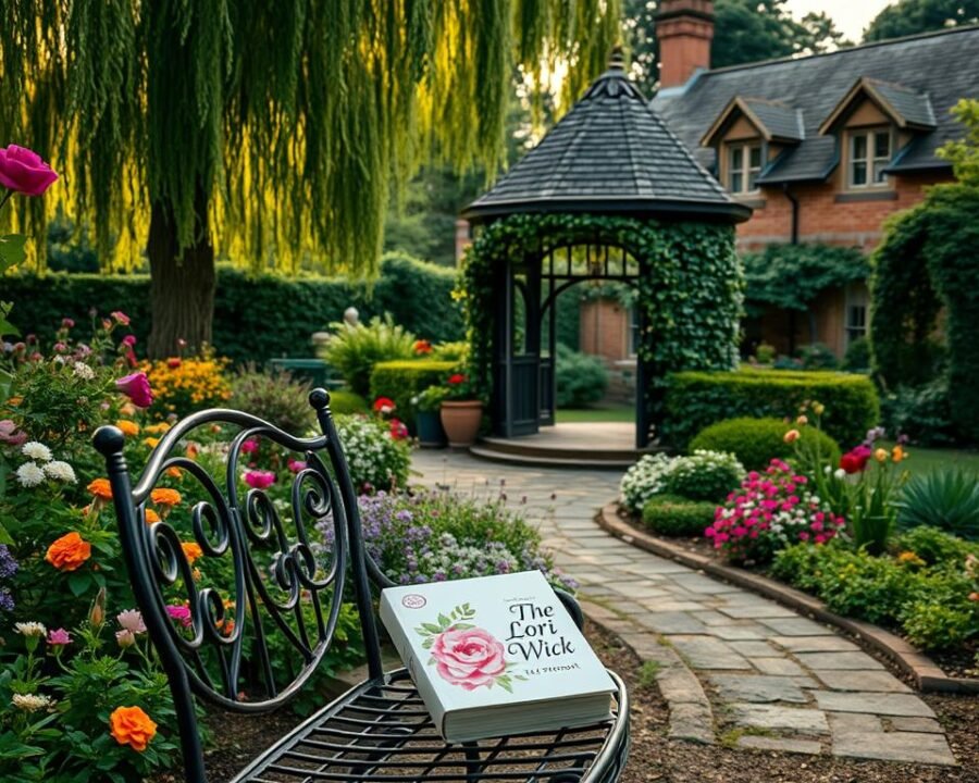 A tranquil English garden in the morning light, bursting with vibrant blooms and lush greenery. In the foreground, a winding stone path leads to a wrought-iron garden bench, where a copy of Lori Wick's "The Proposal" rests, its cover adorned with delicate floral illustrations. The middle ground features a whimsical gazebo, draped in cascading vines and framed by towering elm trees. In the background, a quaint country estate with weathered brick walls and gabled roofs provides a serene backdrop. Soft, warm lighting filters through the garden, casting a cozy and inviting atmosphere. The overall scene evokes the charming and romantic ambiance of Wick's "English Garden Series."