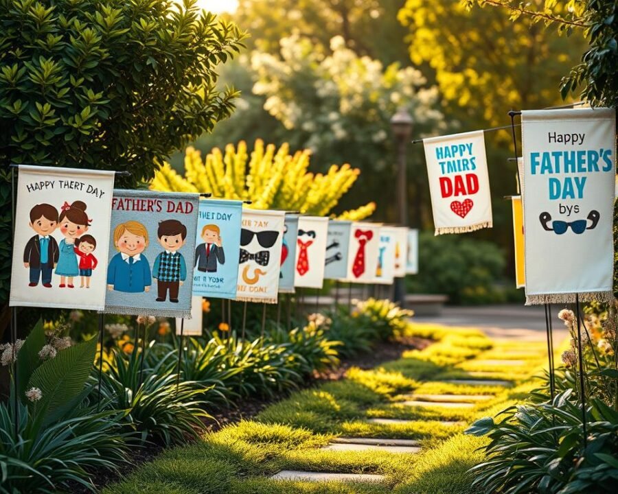 A tranquil Father's Day garden setting, with an array of vibrant, whimsical garden flags lining the path. The flags feature playful designs celebrating the special bond between fathers and their children, such as cartoon illustrations of dads with their kids, humorous dad-themed puns, and symbolic patterns like ties, tools, or sports equipment. Soft, warm lighting casts a golden glow, creating a cozy, inviting atmosphere. The scene is framed by lush, verdant foliage, creating a charming, picturesque tableau perfect for honoring the fathers in our lives.
