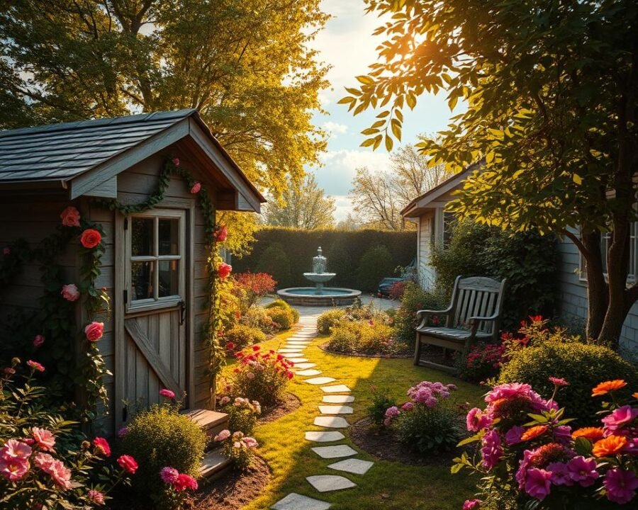A tranquil backyard oasis, a garden shed nestled amidst lush greenery and vibrant blooms. The shed stands in the foreground, its weathered wooden facade complemented by a shingled roof and quaint windows. Trailing vines and climbing roses adorn the structure, creating a whimsical, natural embrace. In the middle ground, a meandering garden path leads the eye through a tapestry of vibrant flowers, their petals dancing in the gentle breeze. Beyond, a serene water feature reflects the azure sky, its calming ripples adding to the sense of serenity. Warm, golden light filters through the verdant canopy, casting a soft, inviting glow over the entire scene. This backyard haven is a sanctuary, a place where the boundaries between indoors and outdoors blur, inviting you to step into a world of tranquility and natural beauty.