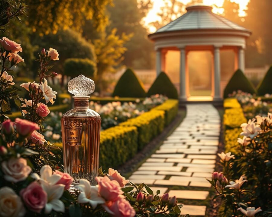 A tranquil garden scene filled with the intoxicating fragrance of Elysee Garden perfume. In the foreground, an ornate glass perfume bottle stands amidst lush foliage and delicate flowers - roses, jasmine, and lilies. The middle ground features a winding stone path leading through a serene landscape of meticulously manicured hedges and blooming flora. In the background, a classical stone gazebo is bathed in warm, golden light, creating a sense of timeless elegance. The overall mood is one of refined luxury and relaxation, evoking the olfactory journey of the Elysee Garden perfume.