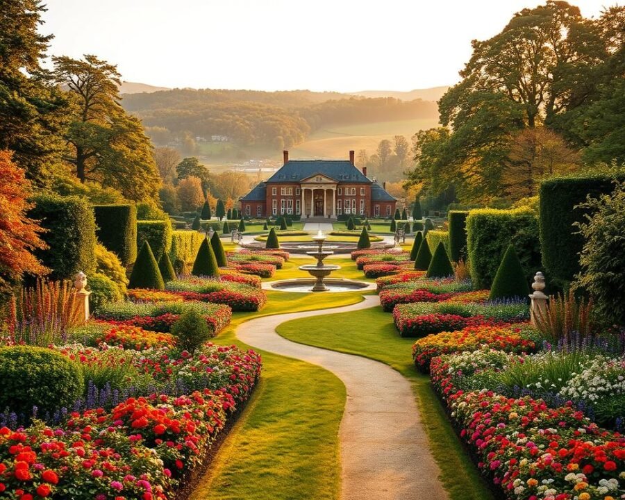 A vast, manicured garden with sweeping vistas of vibrant blooms and lush foliage. In the foreground, a meandering path leads visitors through a tapestry of colorful flowerbeds, accented by sculptural topiaries and ornamental fountains. The middle ground reveals a grand, historic manor house, its stately architecture bathed in warm, golden light. In the distance, rolling hills dotted with mature trees frame the serene scene, creating a sense of tranquility and natural harmony. The overall atmosphere evokes a timeless elegance, inviting guests to immerse themselves in the beauty and serenity of the Concord Garden Tour.