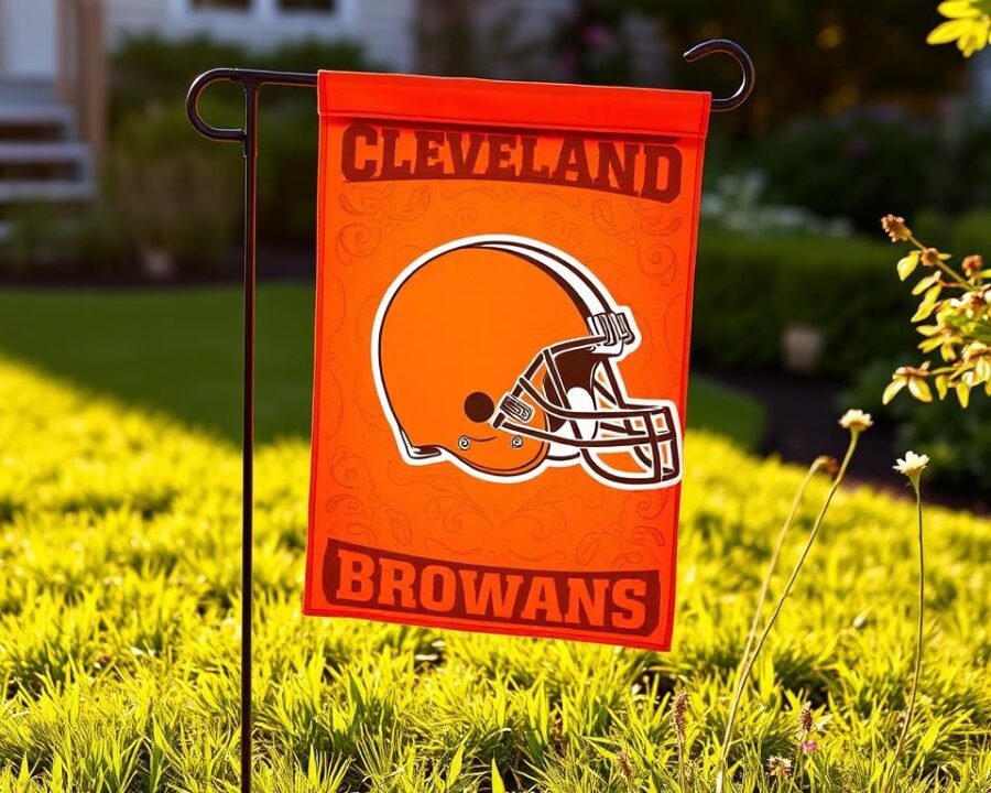 A vibrant Cleveland Browns garden flag, displayed in a well-manicured yard. The flag hangs gracefully, its bold orange and brown colors catching the warm afternoon sunlight. Intricate team logos and patterns adorn the flag, creating a visually striking design. The scene is framed by lush, green grass and a few scattered flowers, adding a touch of natural beauty. The overall composition conveys a sense of team pride and a welcoming, outdoor ambiance, perfect for Browns fans to showcase their loyalty.